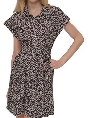 DKNY Leopard Print Shirt Dress in Black and Cream